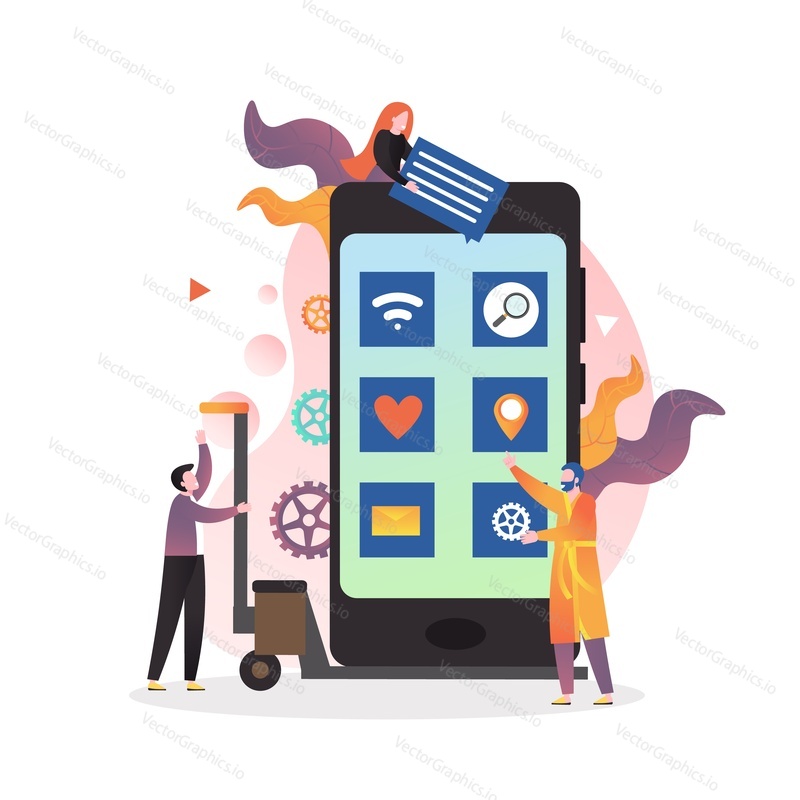 Micro male and female characters using huge smartphone with mobile app icons on screen, vector illustration. People using gadgets of modern technology concept for web banner, website page etc.