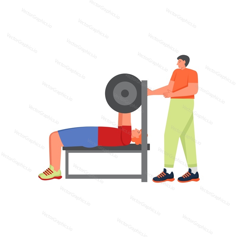 Bodybuilder doing bench press with barbell, vector flat illustration isolated on white background. Weightlifting, strength training, pumping iron, sports, barbell workout, bodybuilding.
