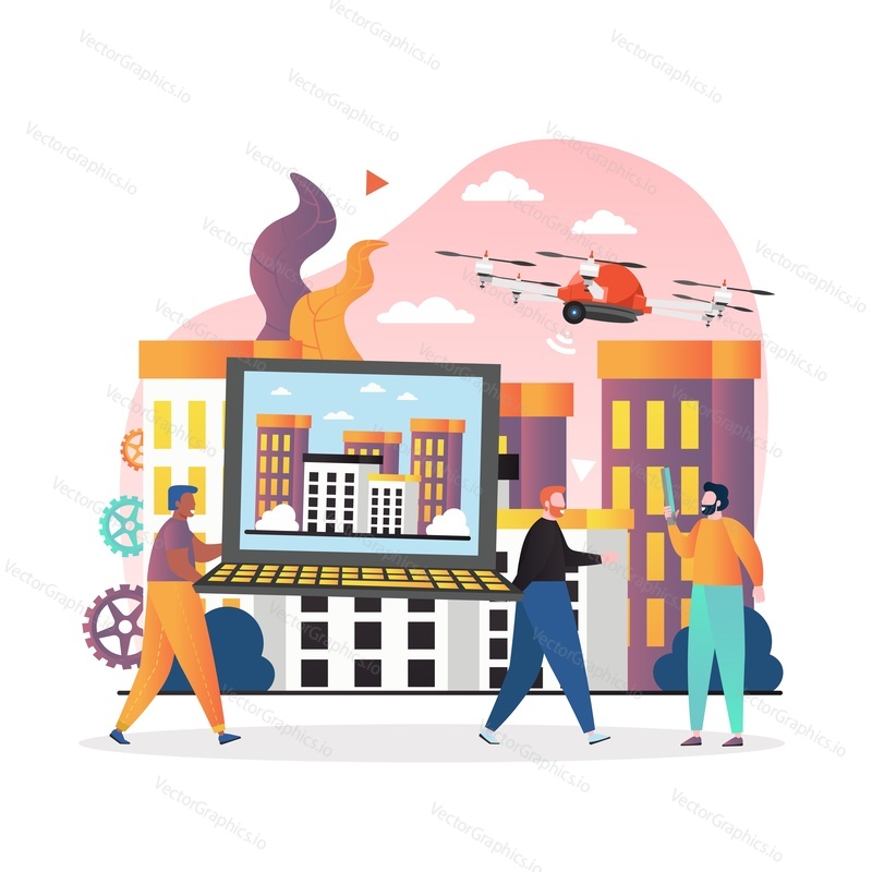 Drone flying over the city and micro people carrying huge laptop with city photo on screen, vector illustration. Remotely controlled flying robots, drone technology concept for web banner website page