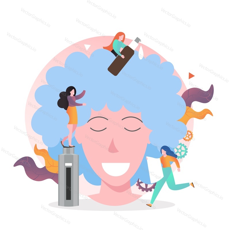 Huge woman head and micro characters hairdressers washing her hair with shampoo, vector illustration. Hairdressing salon services concept for web banner, website page etc.