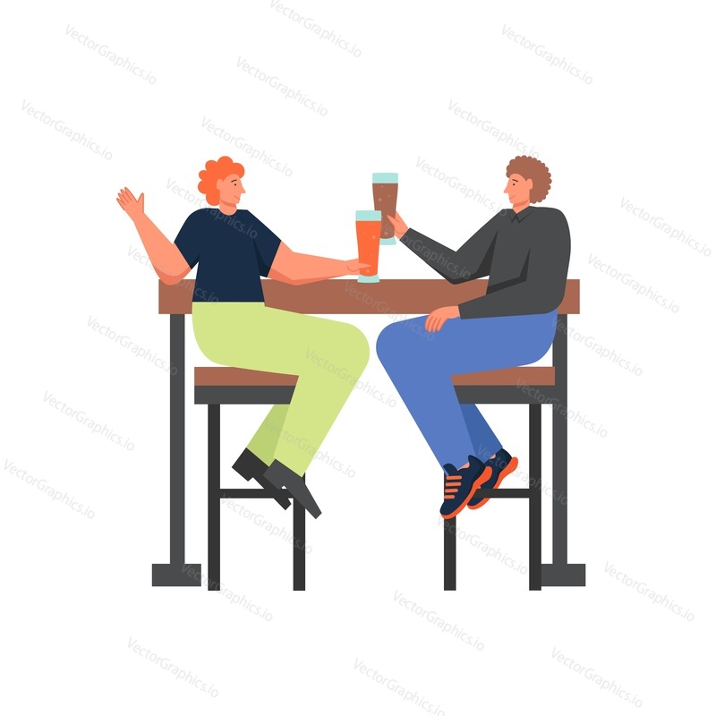 Two friends drinking beer and talking to each other while sitting at table, vector flat illustration isolated on white background. Restaurant beer concept for web banner, website page etc.