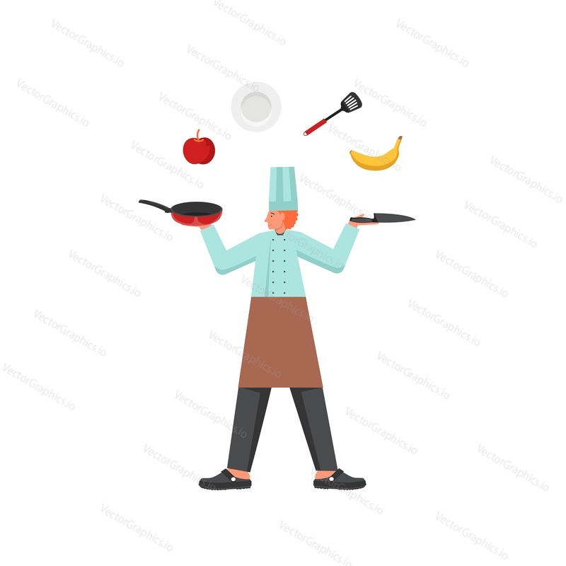 Young man in chef uniform and cap juggling kitchenware, fruits. Vector flat illustration isolated on white background. Restaurant cook, professional cooking concept for web banner, website page etc.