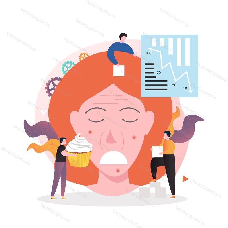 Sugar addicted woman face with acne, eczema, vector illustration. Excess sugar effect on skin conditions, sugar overload, no sugar diet concept for web banner, website page etc.