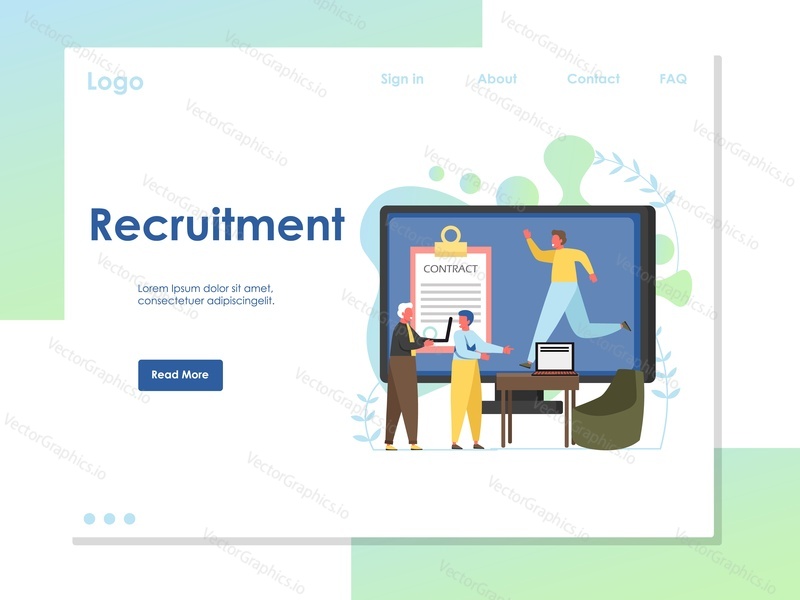 Recruitment vector website template, web page and landing page design for website and mobile site development. Job agency online services concept.