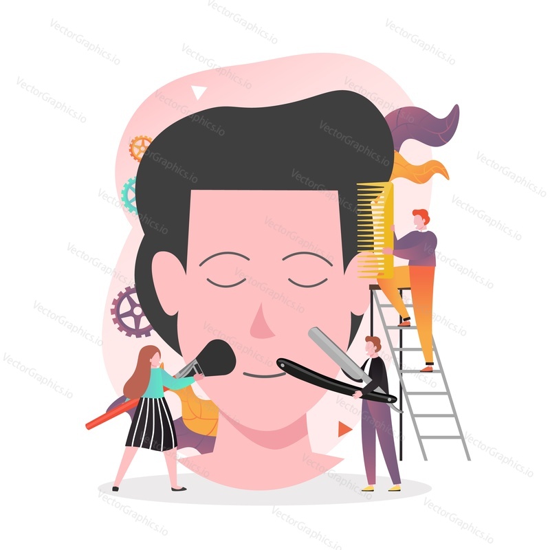 Micro male and female characters visagistes applying professional makeup on huge man face, vector illustration. Beauty salon services, makeup courses concept for web banner, website page etc.