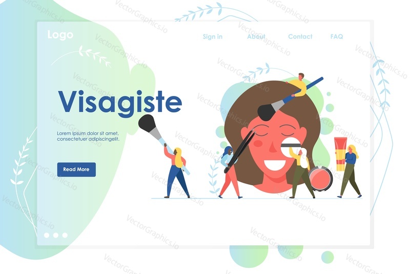 Векторный шаблон веб-сайта Visagiste, дизайн веб-страницы и целевой страницы для разработки веб-сайтов и мобильных сайтов. Крошечные персонажи профессиональных визажистов наносят макияж на женское лицо. Салон красоты.