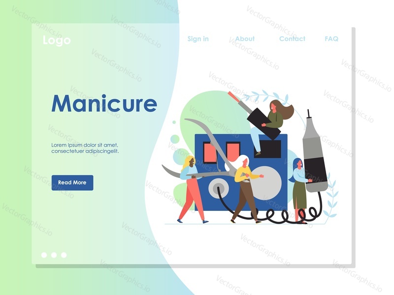 Manicure vector website template, web page and landing page design for website and mobile site development. Beauty salon professional manicure services, nail tools concept.