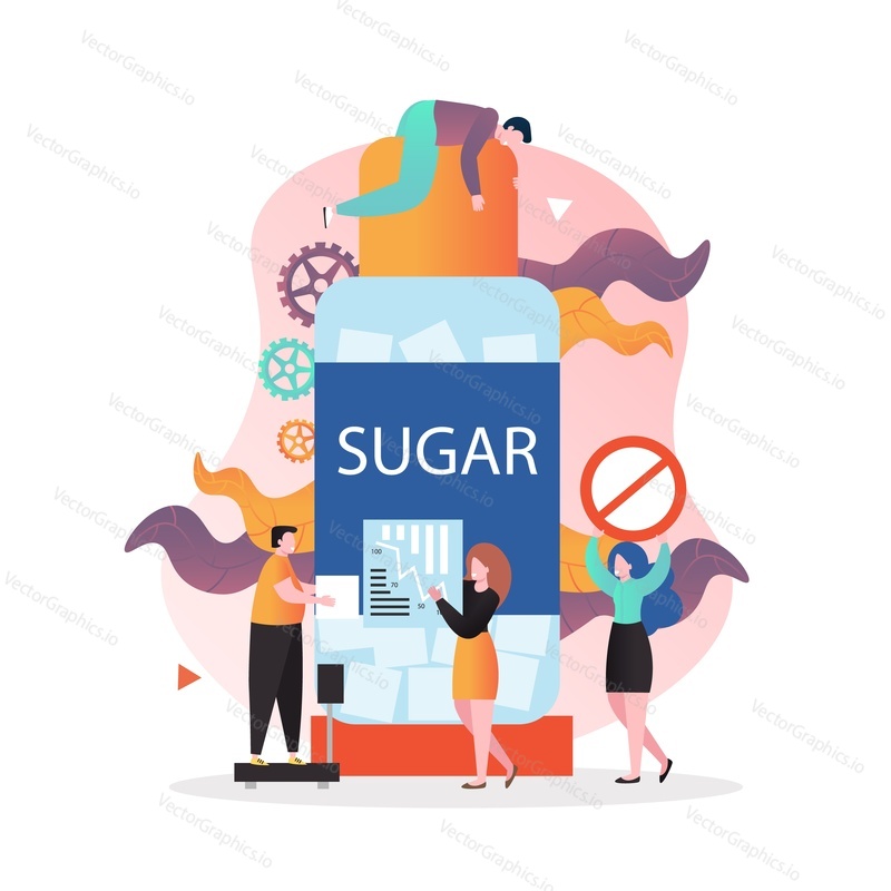 Huge sugar bottle and micro characters lying on it, standing on scales, holding no sugar sign, vector illustration. Healthy food, no sugar diet for weight loss concept for web banner, website page.