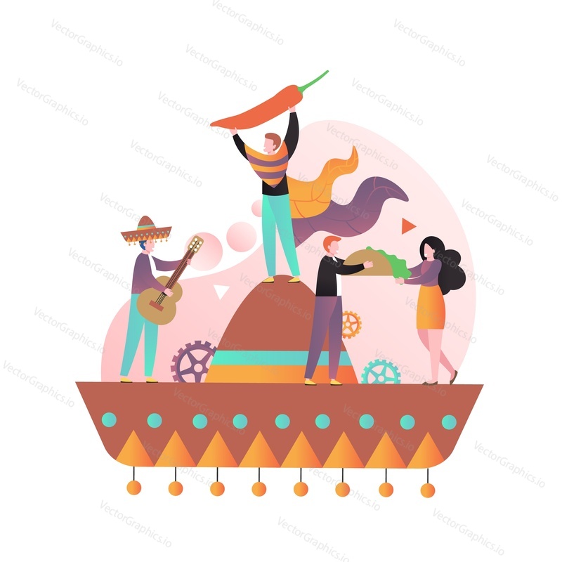 Huge sombrero, micro characters playing guitar, holding chili pepper and street food taco, vector illustration. Traditional mexican culture and cuisine concept for web banner, website page etc.