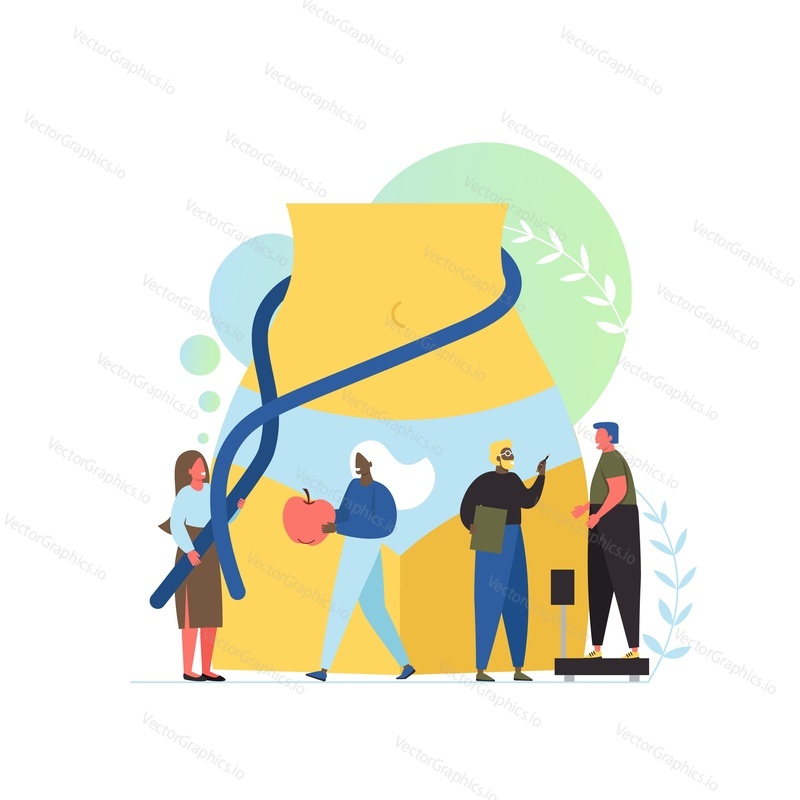 Nutritionist concept vector flat illustration. Tiny characters girl measuring slim weist of big woman figure, dietitian woman with apple, man standing on weigher. Healthy nutrition, weight loss diet.