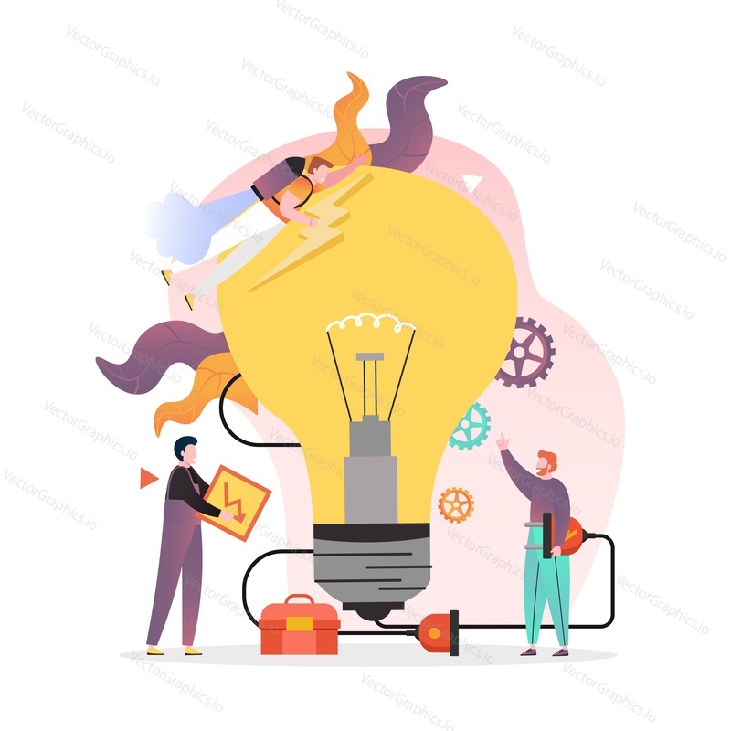 Huge lightbulb and micro characters technicians with warning sign, plug, vector illustration. Professional electrician services composition for web banner, website page etc.