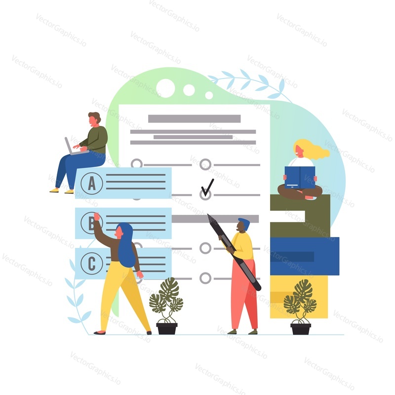 Vector flat style design illustration of young people students passing exam. Online test, questionnaire form, distance education, e-learning, survey, internet quiz concept for web banner, website page