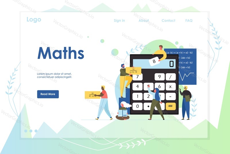 Maths vector website template, web page and landing page design for website and mobile site development. Mathematics education concept with characters doing sums using calculator mathematical formulas