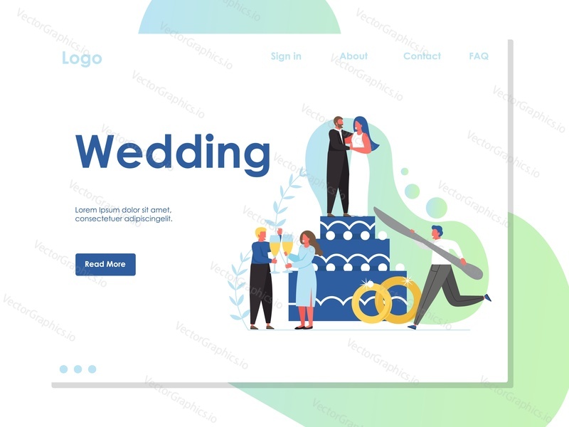 Свадебный векторный шаблон веб-сайта, дизайн веб-страницы и целевой страницы для разработки веб-сайтов и мобильных сайтов. Концепция услуг по планированию свадебной вечеринки.