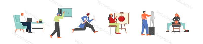 Artistic and creative people, vector flat style design illustration isolated on white background. Graphic designer, potter, sculptor, artist, freelancer. Art creation concept for web banner page etc.