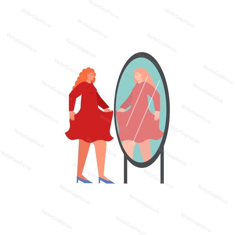 Молодая женщина примеряет красное платье перед зеркалом, векторная плоская иллюстрация, изолированная на белом фоне. Концепция покупок для веб-баннера, страницы веб-сайта и т.д.