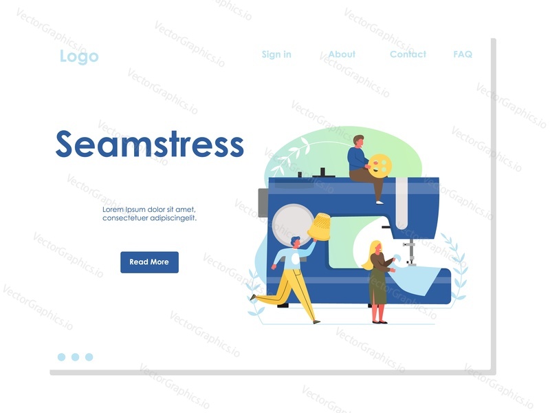 Seamstress vector website template, web page and landing page design for website and mobile site development. Tailoring concept with characters sewing on electric sewing machine, using button, thimble