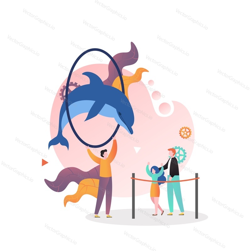Dolphin show, vector illustration. Dolphin doing incredible stunts, jumping through a hoop. Dolphinarium concept for web banner, website page etc.