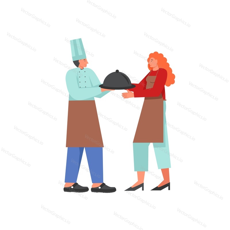 Restaurant cook giving ready dish to waitress. Vector flat illustration isolated on white background. Restaurant staff concept for web banner, website page etc.