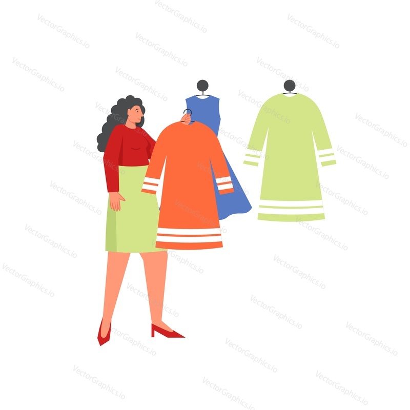 Леди выбирает платье в модном бутике женской одежды, векторная плоская иллюстрация, изолированная на белом фоне. Концепция покупок для веб-баннера, страницы веб-сайта и т.д.