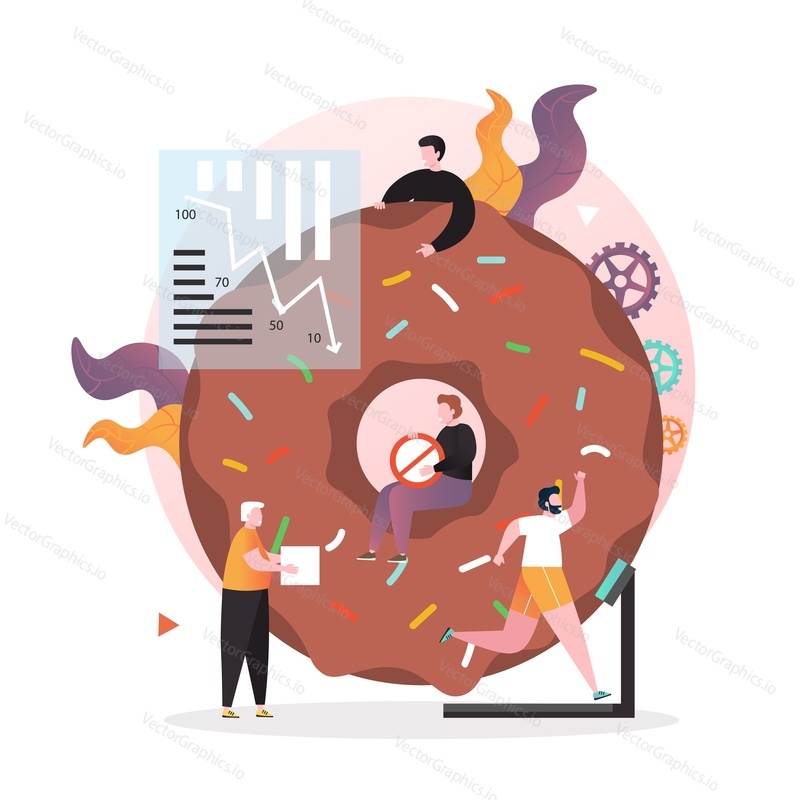 Huge donut and micro male characters running on treadmill, holding no sugar sign, vector illustration. Healthy lifestyle, eat less sugar in order to prevent obesity, diabetes, heart desease etc.