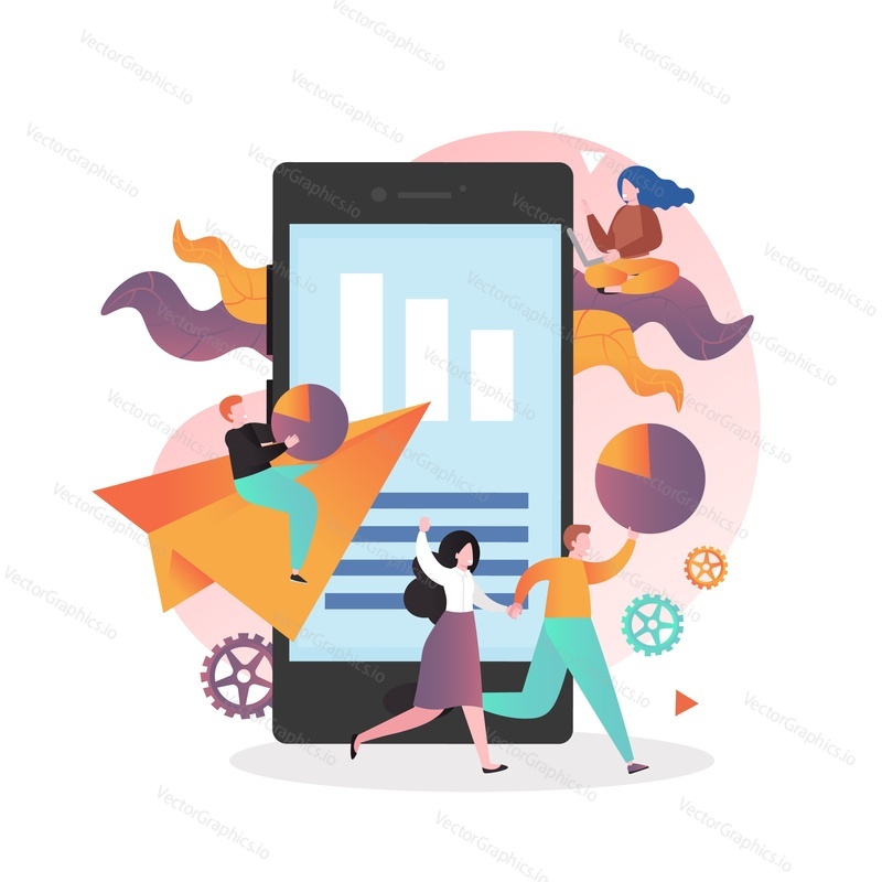 Mobile email marketing strategy, vector illustration. Huge smartphone and happy micro male and female characters flying on paper plane, holding round diagrams.