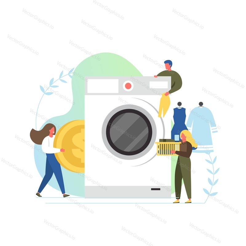 Laundry room with big washing machine and tiny characters, vector flat style design illustration. Coin laundry service concept for web banner, website page etc.