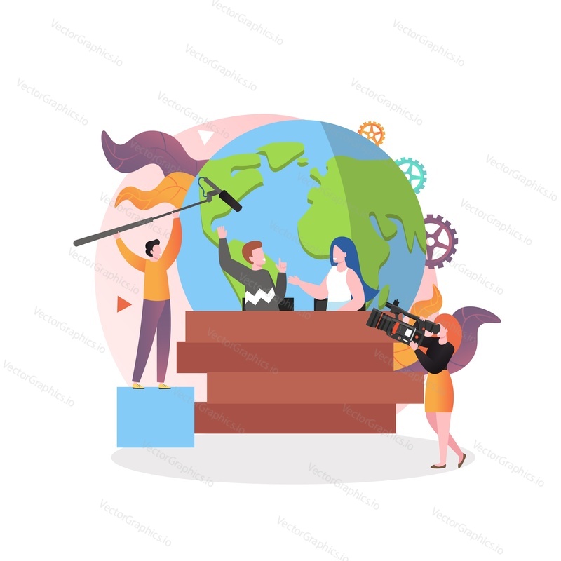 Live tv news programme, vector illustration. Male and female characters news reporter, journalist, commentator, shooting crew. Television production studio concept for web banner, website page etc.