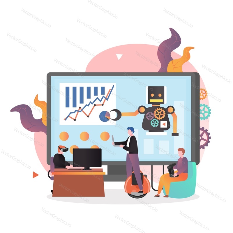 Vector illustration of huge computer with robot on screen, micro people riding self balancing mono wheel with laptop in hands, playing games using vr glasses, game controllers. Smart modern gadgets.