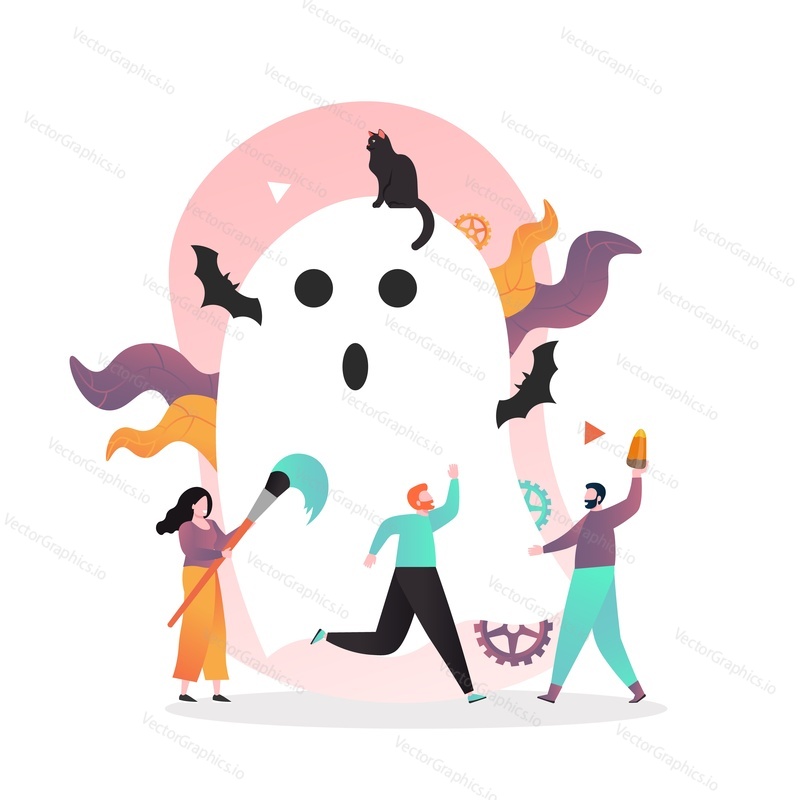 Cat sitting on huge ghost, flying bats and happy male and female characters, vector illustration. Happy Halloween concept for web banner, website page etc.