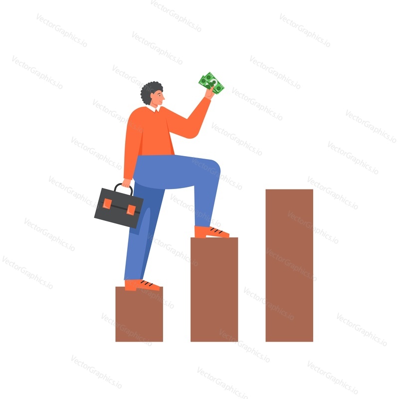 Businessman climbing up growing bar graph holding money in raised hand, vector flat illustration isolated on white background. Business success concept for web banner, website page etc.