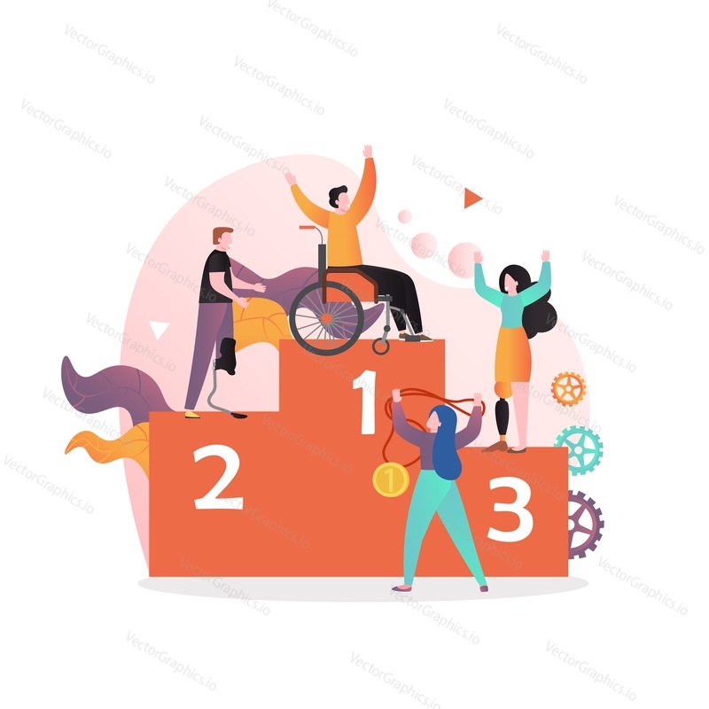 Male and female characters disabled athletes champions in wheelchair with leg prosthesis standing on winner podium, vector illustration. Sport games concept for web banner, website page etc.