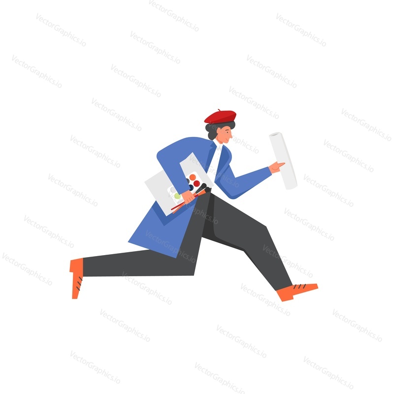 Человек в красном берете художник бежит с красками, кистью. Векторная плоская иллюстрация, изолированная на белом фоне. Создание художественного произведения живописи, концепция художественного творческого занятия для веб-баннера, страницы веб-сайта