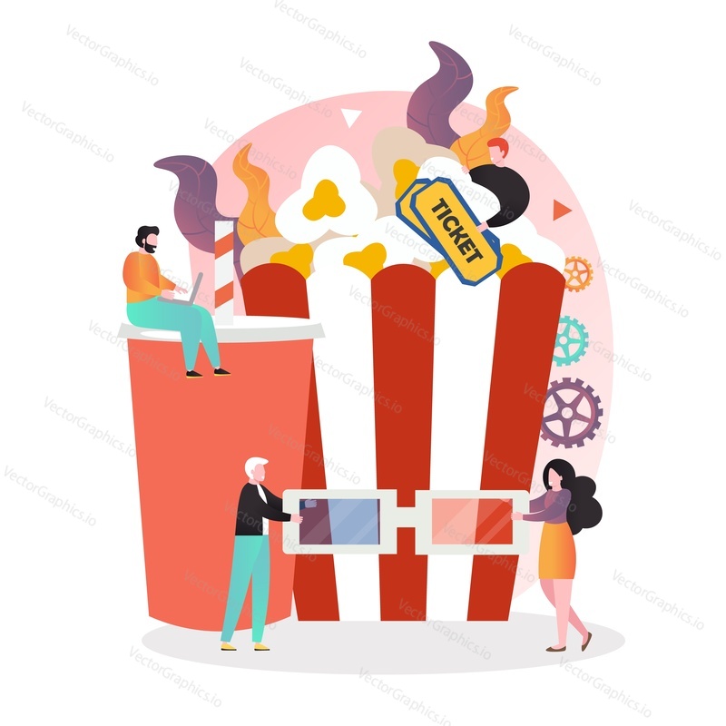 Huge popcorn, cola and micro male and female characters with tickets, cinema 3d glasses, vector illustration. Film industry concept for web banner, website page etc.