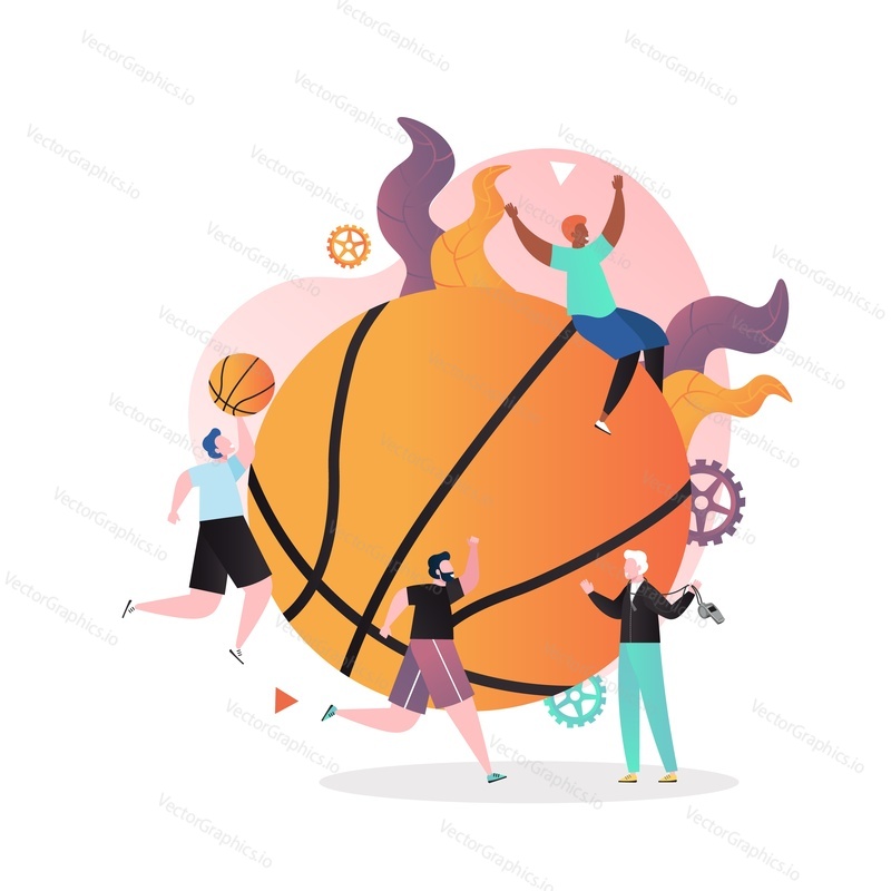 Huge basketball ball and micro male characters playing sport game, vector illustration. Basketball team game concept for web banner, website page etc.