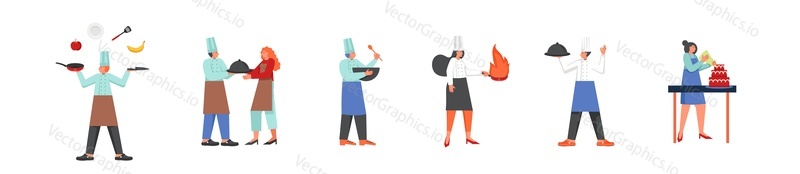Restaurant staff chef, confectioner, waitress, vector flat illustration isolated on white background. Professional cook with dish and kitchenware cooking meals. Restaurant business concept.