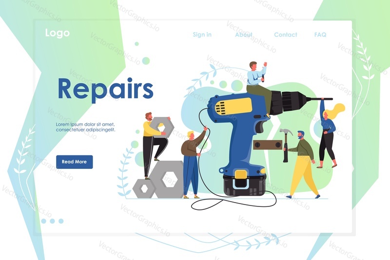 Repairs vector website template, web page and landing page design for website and mobile site development. Home repair services concept with characters using drill, hammer, screwdriver, nails etc.
