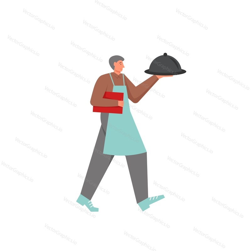 Waiter holding silver serving platter in one hand and menu in the other, vector flat illustration isolated on white background. Restaurant dish concept for web banner, website page, etc.