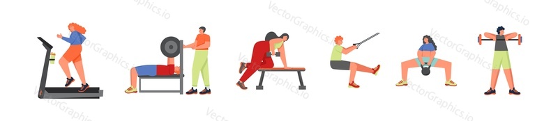 Fitness people doing sports using gym equipment barbell, dumbbell, kettlebell, trx, treadmill, vector flat illustration isolated on white background. Strength training, weightlifting, bodybuilding.