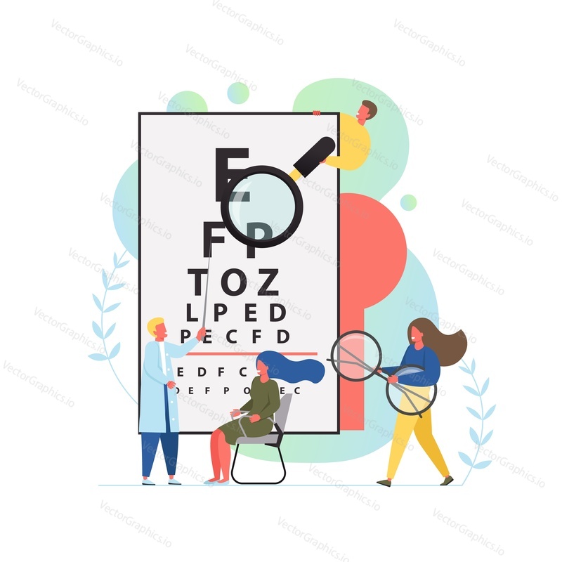 Oculist vector flat style design illustration. Optometry doctor health care professional checking eye sight of his patient. Eye test and vision correction procedure concept for web banner website page