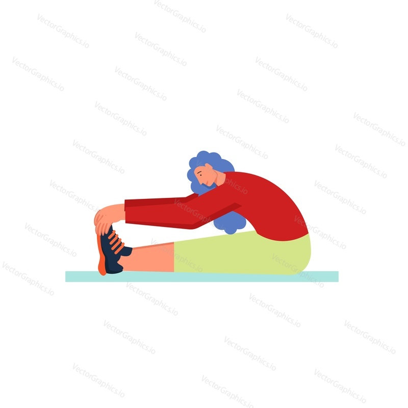 Woman doing stretching exercises, while sitting on mat, vector flat illustration isolated on white background. Walk in the park, outdoor workout concept for web banner, website page etc.