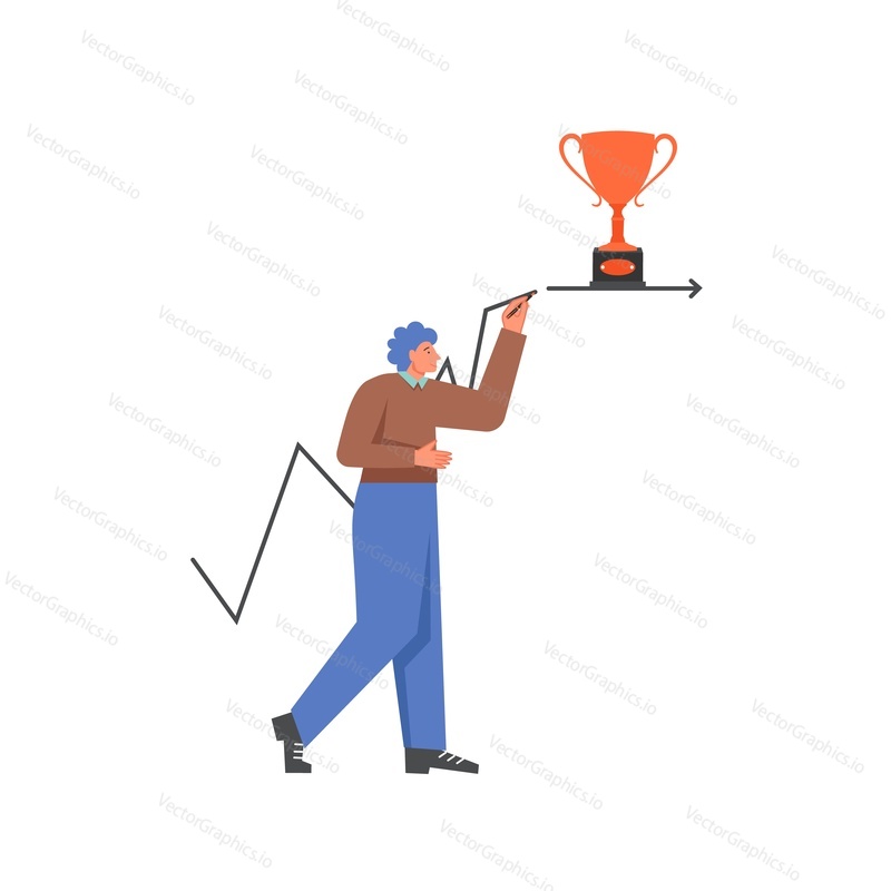 Businessman drawing growing arrow schedule leading to winner award cup, vector flat illustration isolated on white background. Business success, planning strategy concept for web banner, website page.