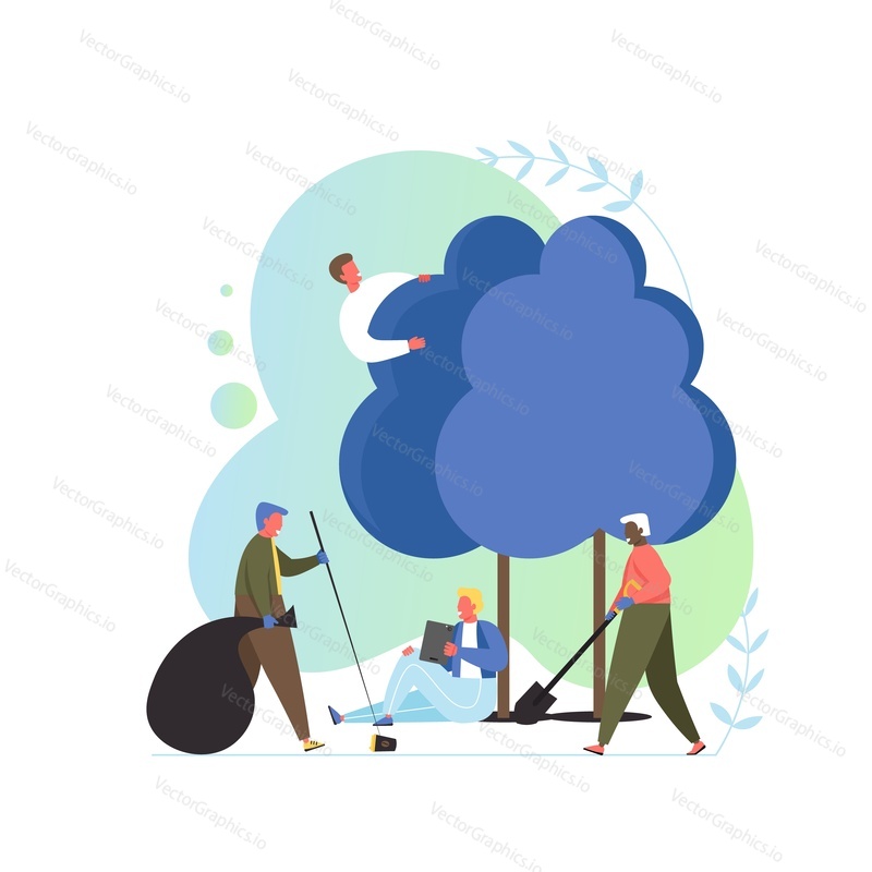 Ecology, vector flat style design illustration. Tiny people picking up roadside trash and planting trees. Save environment concept for web banner, website page etc.