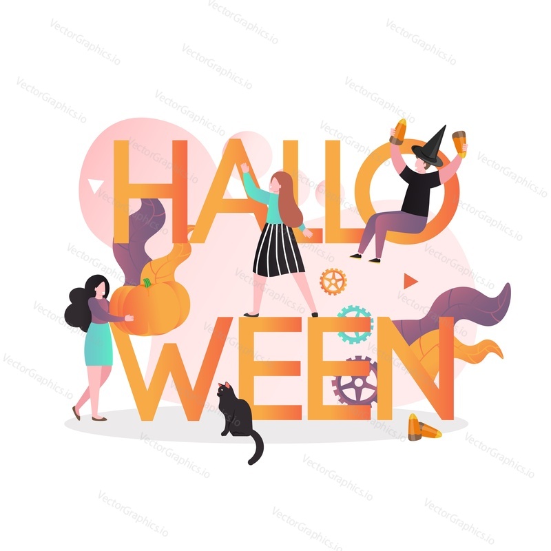 Хэллоуин слово заглавными буквами с мужскими и женскими персонажами, векторная иллюстрация. Концепция вечеринки в честь Хэллоуина для веб-баннера, страницы веб-сайта и т.д.