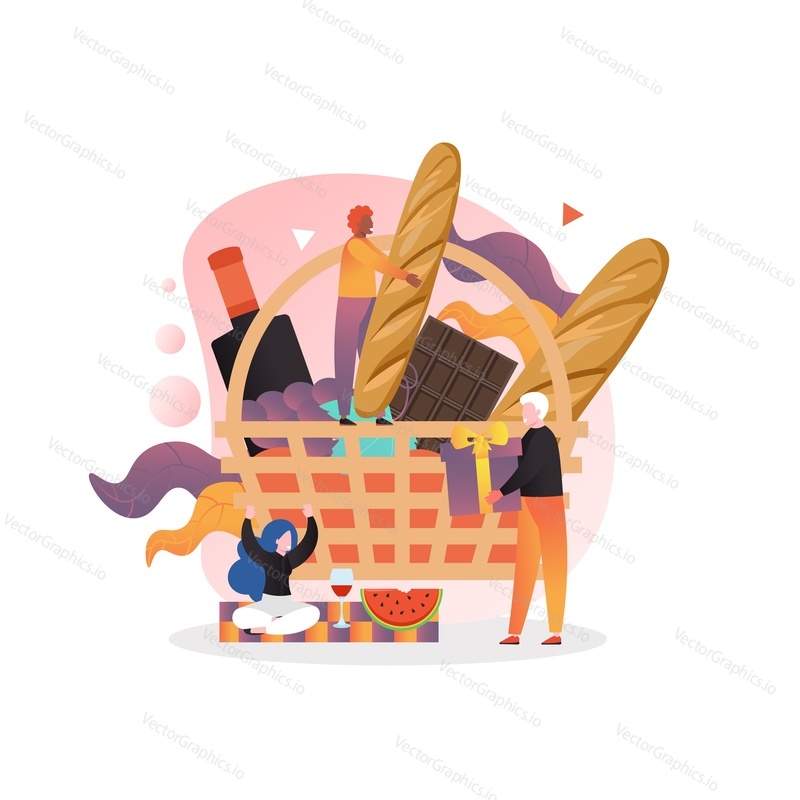 Huge basket with grape, wine bottle, chocolate bar, baguette and happy couple micro characters having bbq party, dating, vector illustration. Outdoor barbeque picnic, romantic date concept.