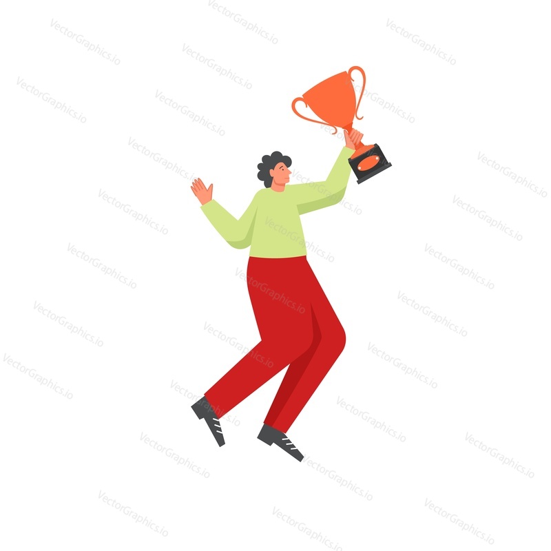Businessman holding award cup in raised hand, vector flat illustration isolated on white background. Business success concept for web banner, website page etc.