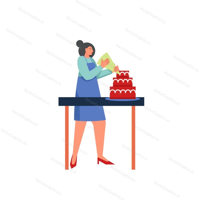 Young woman confectioner decorating big three tiered cake, vector flat illustration isolated on white background. Restaurant cook, professional cooking concept for web banner, website page etc.