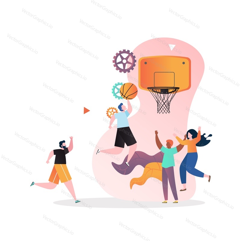 Basketball player performing slam dunk, vector illustration. Basketball tournament, indoor or summer outdoor team sport game concept for web banner, website page etc.