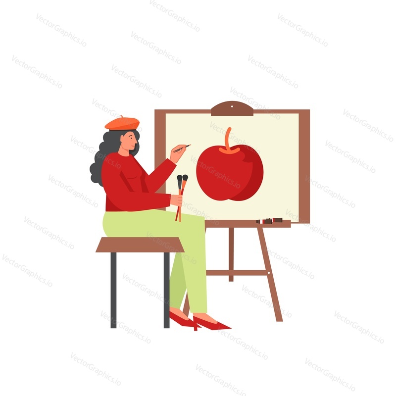 Женщина в красном берете художница рисует яблоко с помощью мольберта. Векторная плоская иллюстрация, изолированная на белом фоне. Художественное творчество, художественная и творческая концепция профессии для веб-баннера, страницы веб-сайта и т.д.