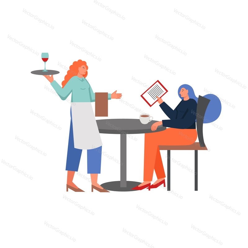 Woman holding tray with wine glass while serving young lady sitting at table, vector flat illustration isolated on white background. Restaurant waitress concept for web banner, website page etc.